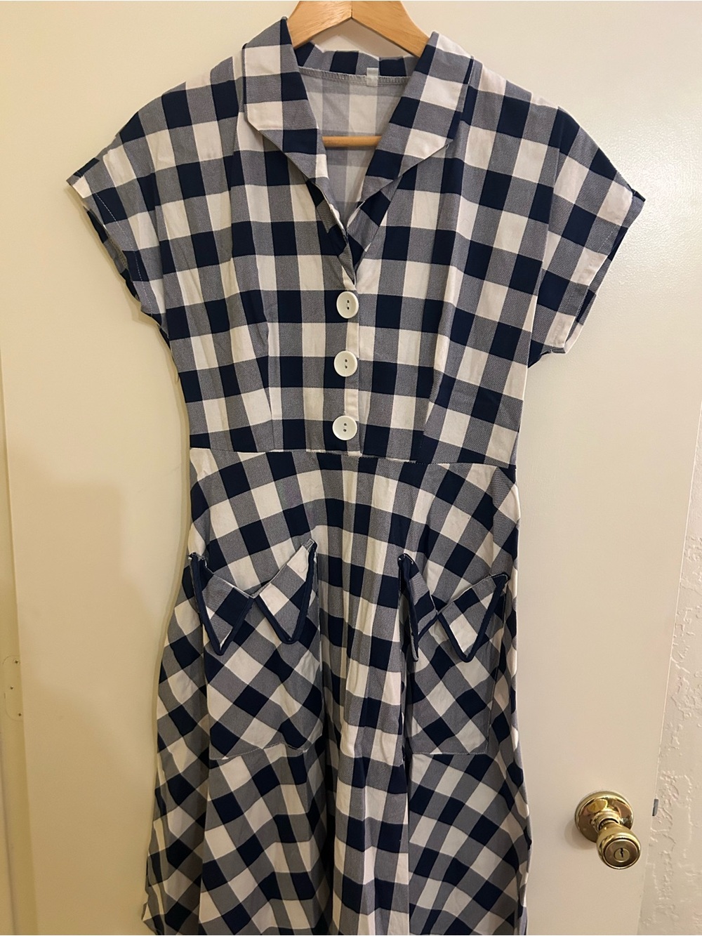 Women’s Navy and White Check Casual Button-Front Dress
